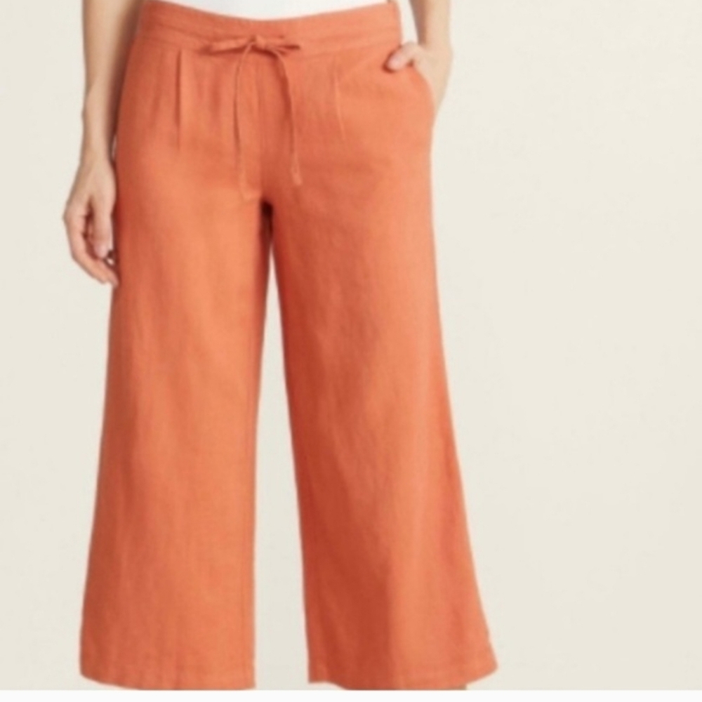 Per Se Linen Blend Orange  Cropped Loose Wide Leg Pants S